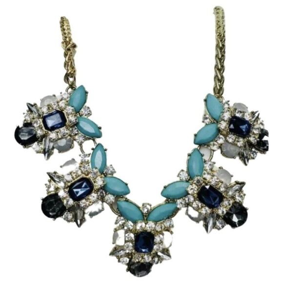 Vintage faux Turquoise aurora borealis Rhinestone Gold Chain Necklace 20” - Picture 3 of 12